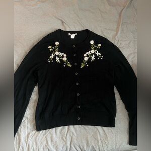 Anna Rose Black Cardigan with White Floral Embroidery